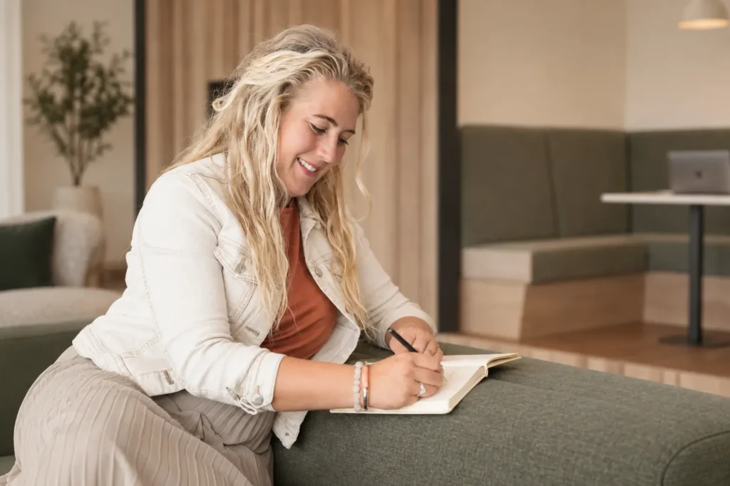 Paula Wijnhoven maakt aantekeningen tijdens een sessie